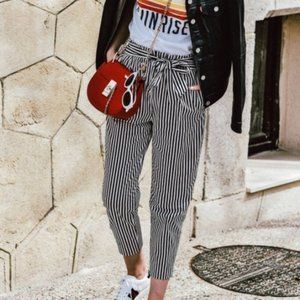 ZARA Basic High Waisted Paper Bag Pant | Navy White | Size Small